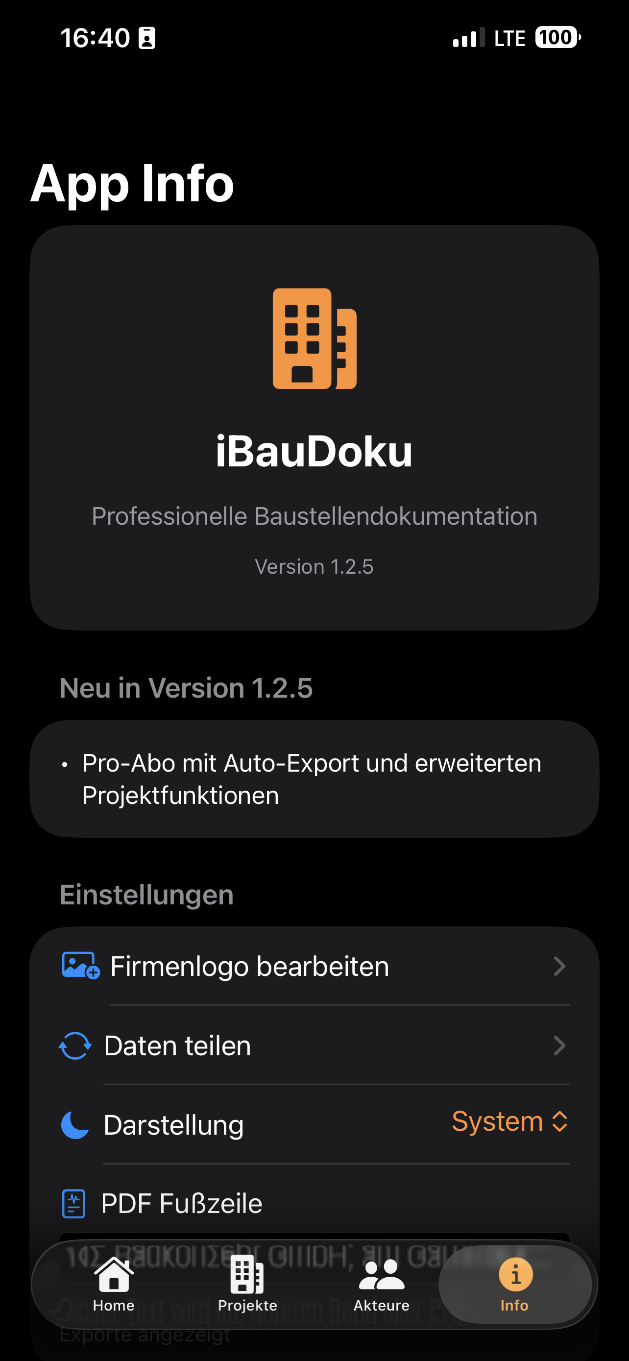 iBauDoku App Info und Einstellungen