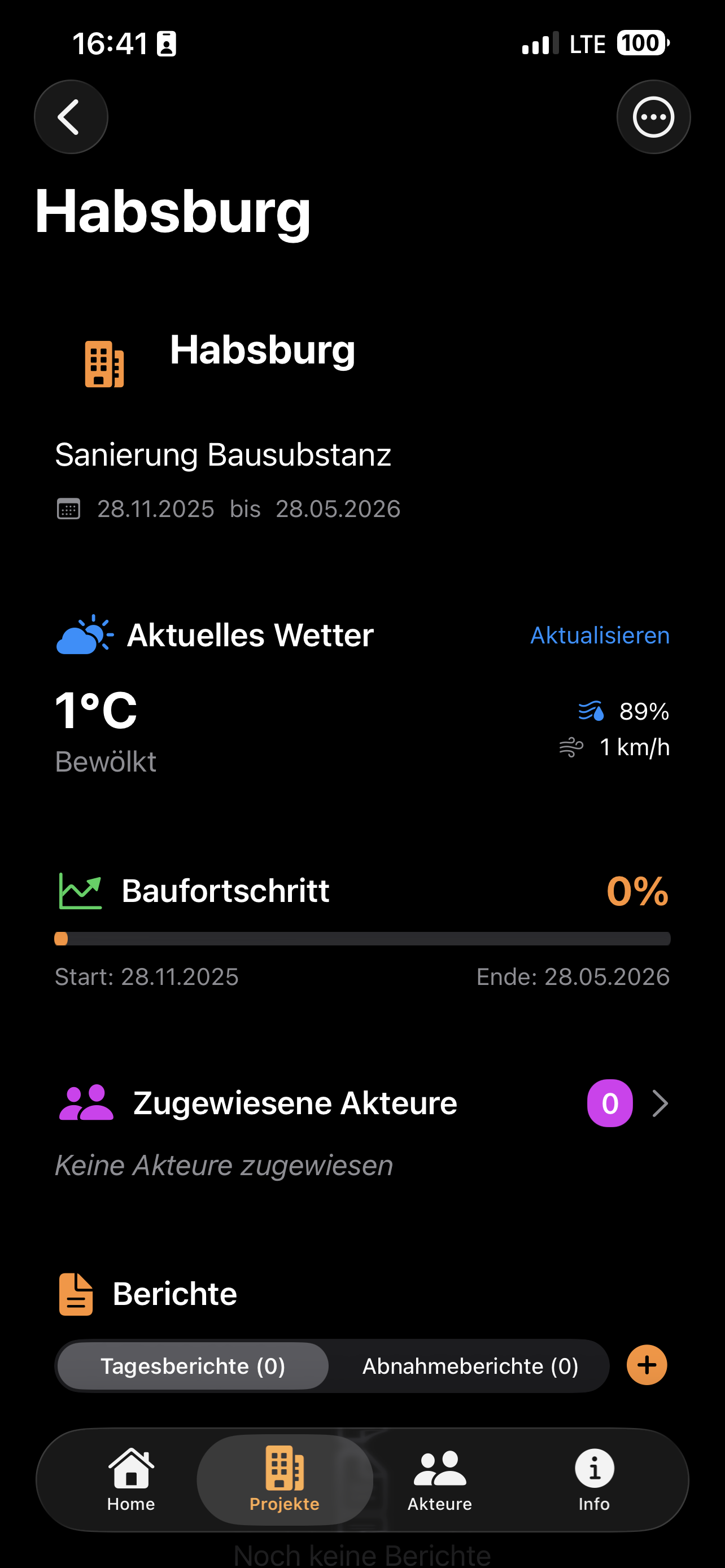 iBauDoku Projektdetails mit Wetter und Fortschritt